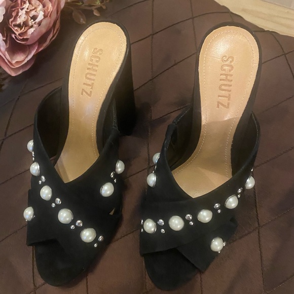🎀 SCHUTZ Black heels Mules Pearls size 8 shoes - Picture 2 of 10